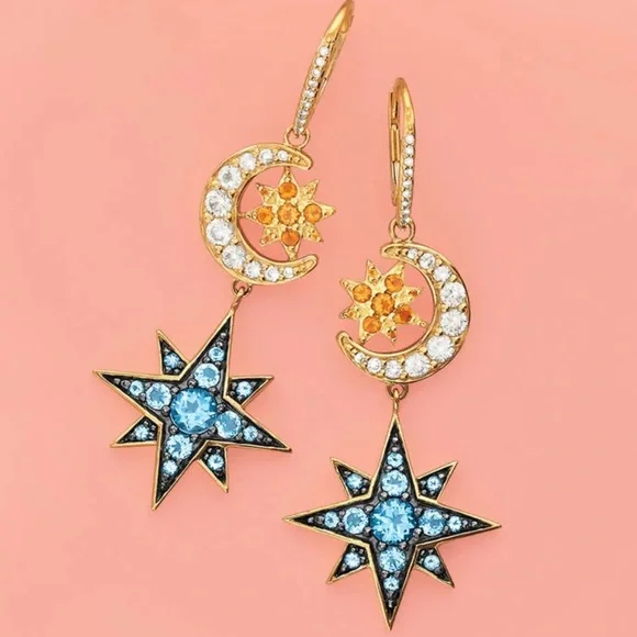 18k Gold Multi-Gemstone Celestial Star and Moon Earrings - Picture 3 of 9
